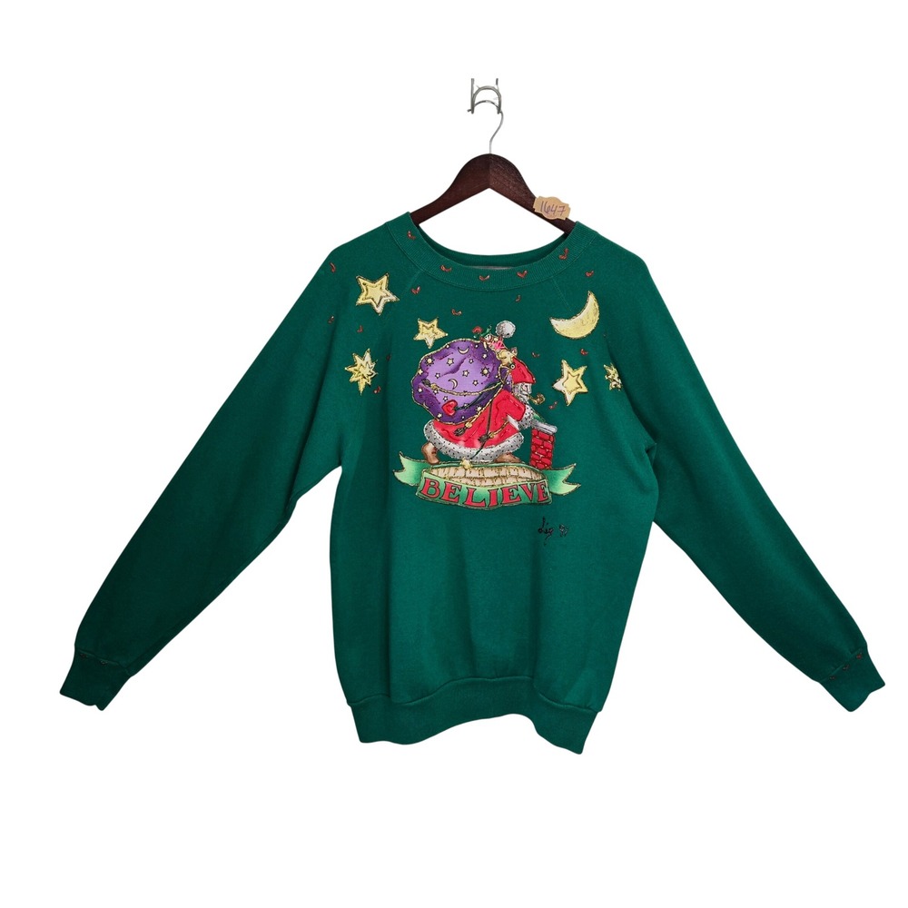 Vintage 1991 Hand Painted Santa Believe Christmas Sweatshirt Green M 90s Holiday